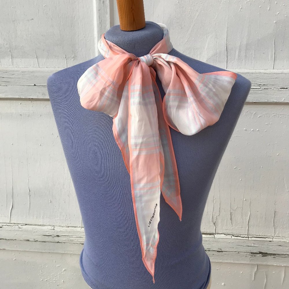 Liz Claiborne Coral Pink Plaid Silky Scarf Vintage Hair Bow Tie Headband 72"